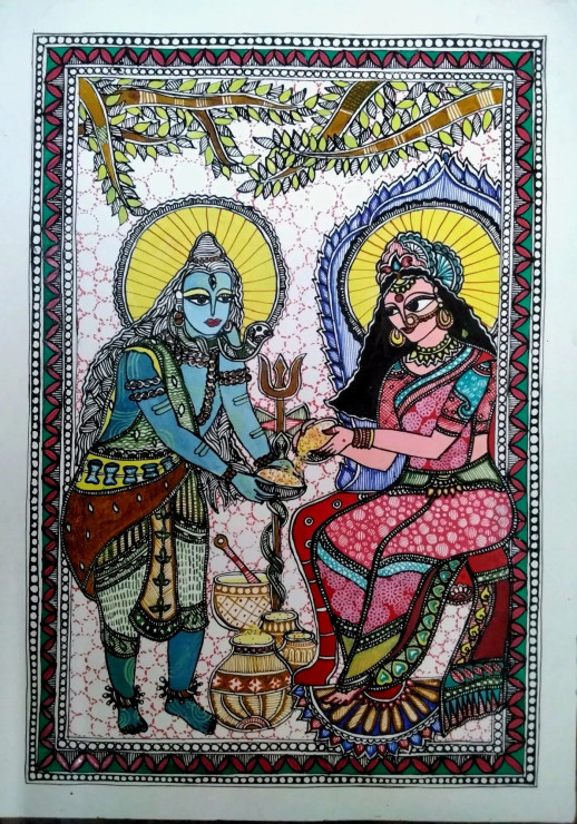 Goddess Annapurna Serving Food To Lord Shiva Madhubani Painting By Artistic Dreamzone (ART-17998-118425) - Handpainted Art Painting - 8in X 11in