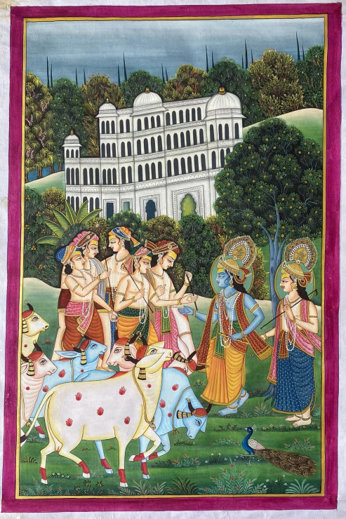 Handmade Kishanagrh Radha Krishna Painting (ART-8266-118367) - Handpainted Art Painting - 24in X 35in