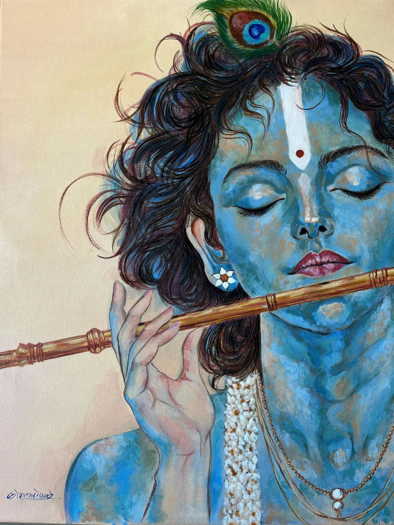 ShreeKrishna (ART-16888-118666) - Handpainted Art Painting - 24in X 30in