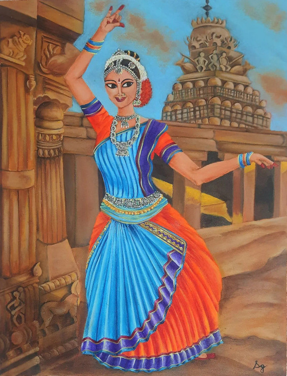 Indian Classical Dance Series: KUCHIPUDI (ART-8835-118603) - Handpainted Art Painting - 14in X 18in