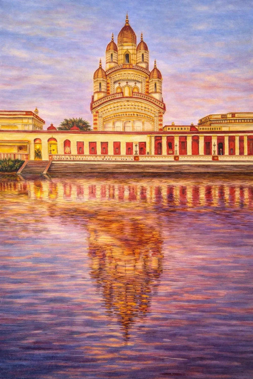 The Great Temple Dakshineswar At Dusk (ART-18033-118496) - Handpainted Art Painting - 12in X 16in