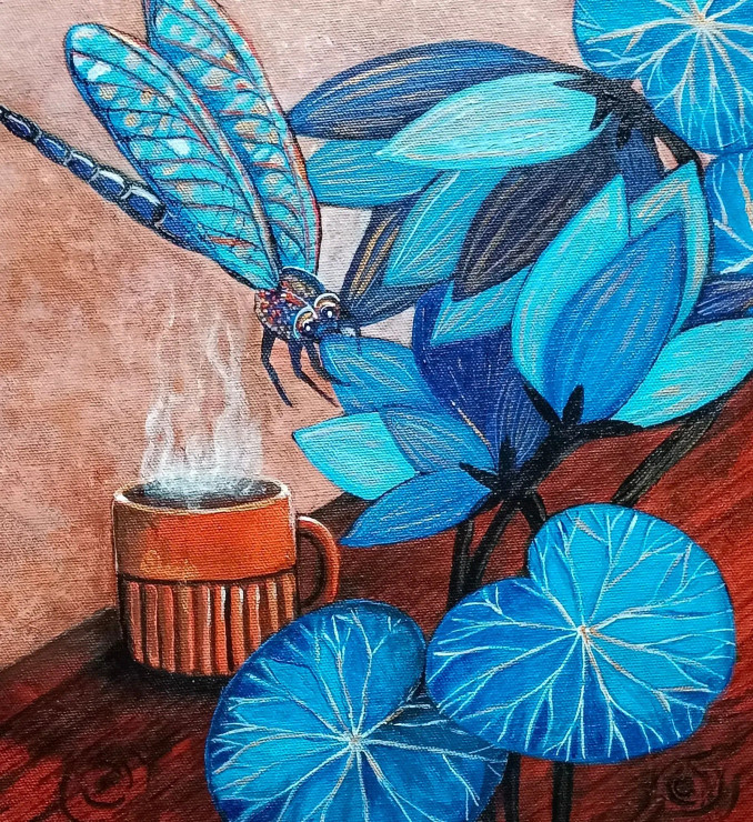 A Dragonfly Morning (ART-6775-118691) - Handpainted Art Painting - 11in X 12in