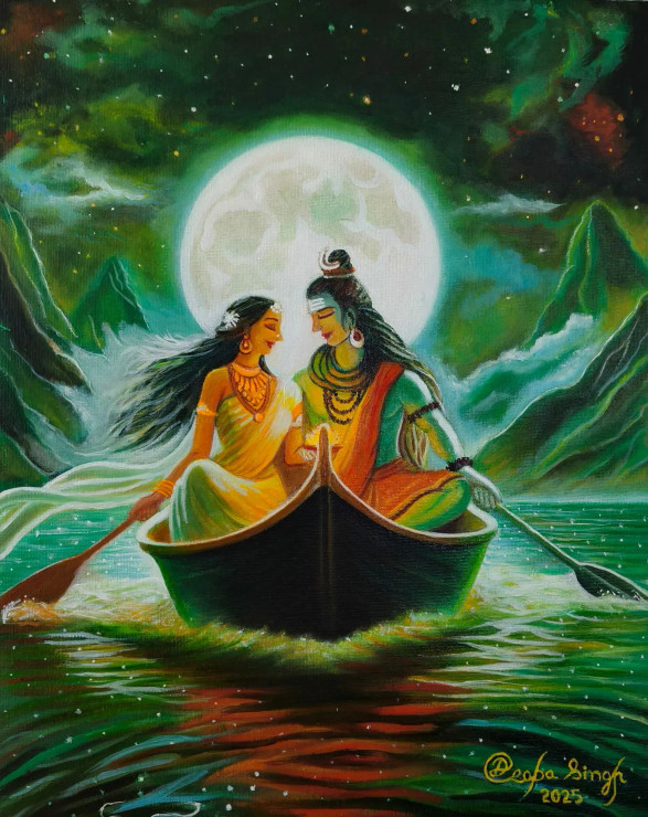 Shiv-Parwati (ART-8424-118659) - Handpainted Art Painting - 14in X 18in