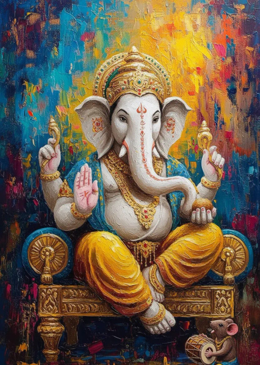 Colorful Acrylic Lord Ganesha Sitting On Throne With Mushakraj (ART-3319-118751) - Handpainted Art Painting - 36in X 48in