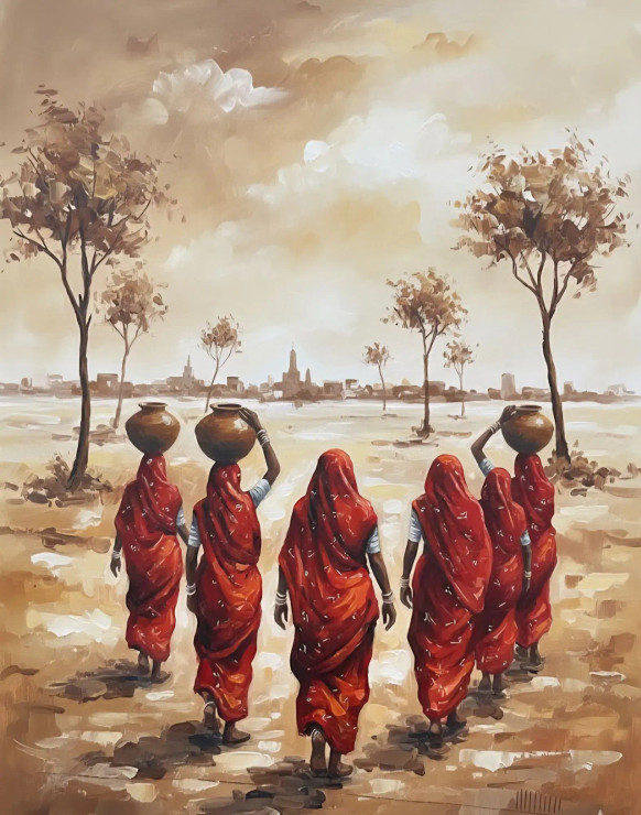 RAJASTHANI VILLAGE SCENE! WOMEN'S MATKA (ART-3319-118754) - Handpainted Art Painting - 24in X 36in