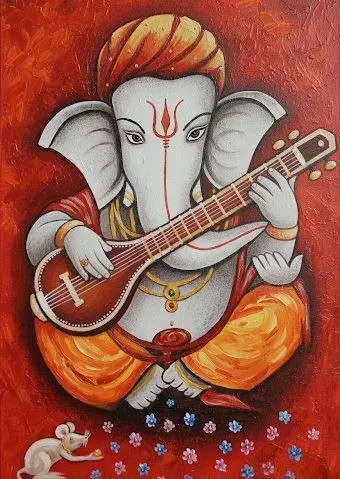 Lord Ganesha With Mushakraj Painting (ART-3319-118884) - Handpainted Art Painting - 24in X 36in