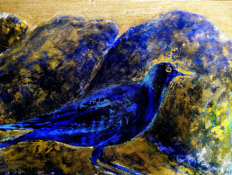 Blueish Black Bird In Gold Light (ART-15198-118910) - Handpainted Art Painting - 16in X 12in