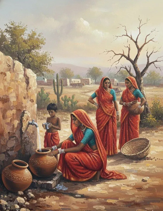 Rajasthani Women's Filling Pots (ART-3319-118857) - Handpainted Art Painting - 24in X 36in