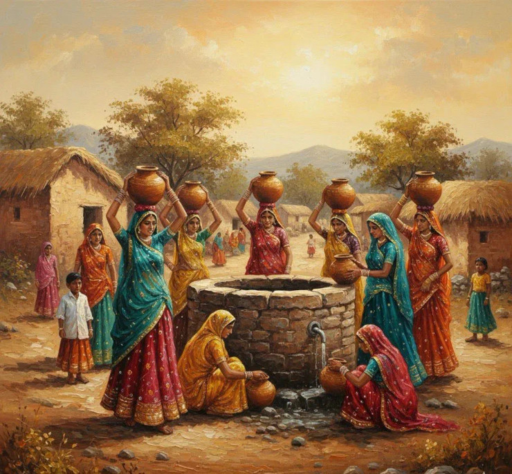 Rajasthan Village Scene. (ART-3319-118856) - Handpainted Art Painting - 36in X 36in