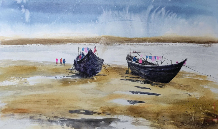Boat (ART-7901-118893) - Handpainted Art Painting - 22in X 14in