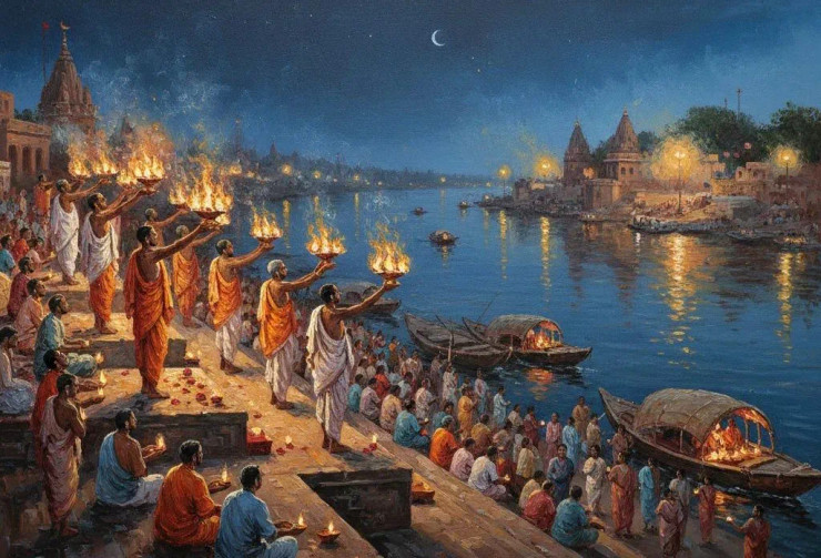 GANGA AARTI AT THE VARANASI GHAT (ART-3319-118854) - Handpainted Art Painting - 48in X 30in