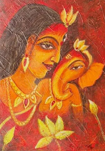Gauri Ganesh (ART-16110-118931) - Handpainted Art Painting - 8in X 12in