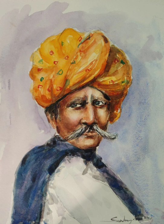 Rajasthani Pride – Traditional Indian Man Portrait In Watercolor (PRT-17209-118861) - Canvas Art Print - 22in X 30in
