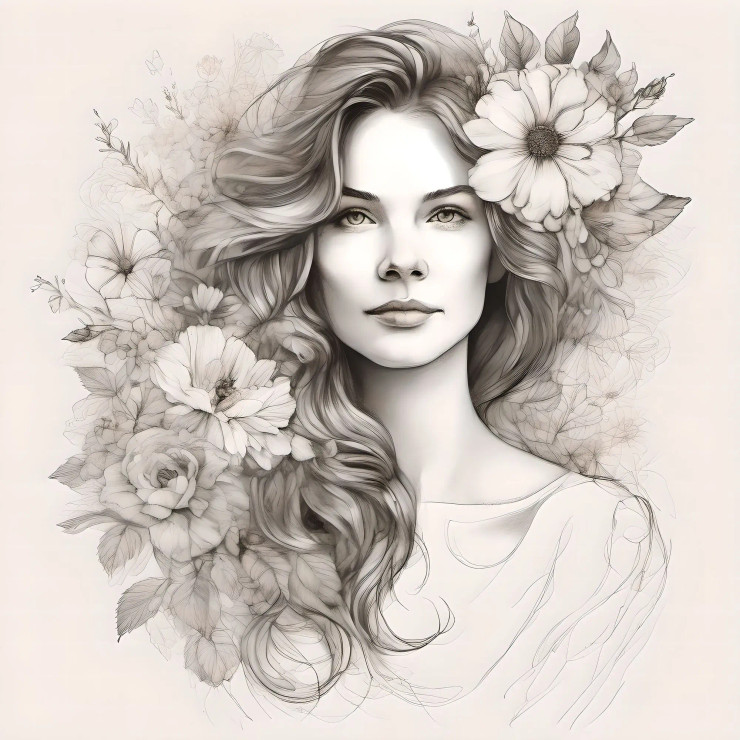 Elegant Floral Woman Pencil Sketch Wall Art | Black & White Botanical Portrait Illustration (PRT-16843-118849) - Canvas Art Print - 42in X 42in