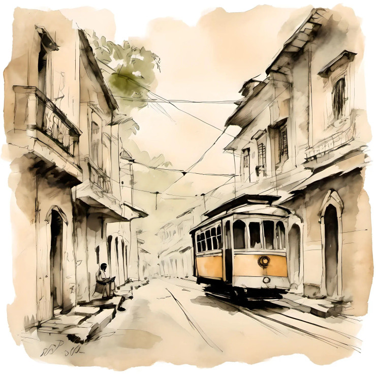 Vintage Tram Street Watercolor Wall Art | Old City Architecture Illustration Painting (PRT-16843-118852) - Canvas Art Print - 42in X 42in
