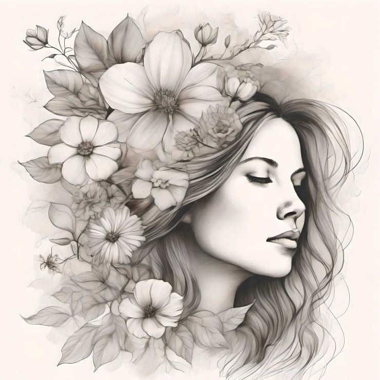 Serene Floral Woman Pencil Sketch Wall Art | Black & White Botanical Female Portrait (PRT-16843-118851) - Canvas Art Print - 42in X 42in