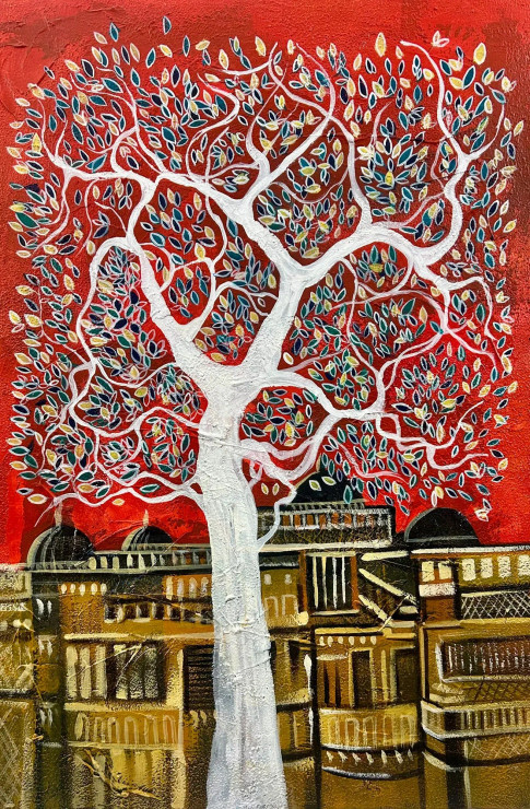 Tree Of Life Cityscape || Gond Art (ART-16885-119054) - Handpainted Art Painting - 24in X 36in