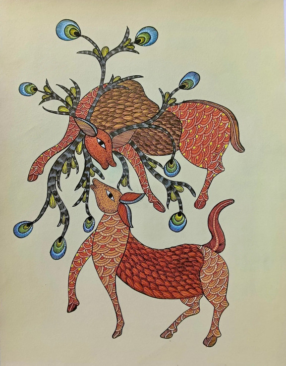 Deer Couple Painting II Gond Art (ART-16885-118954) - Handpainted Art Painting - 16in X 20in