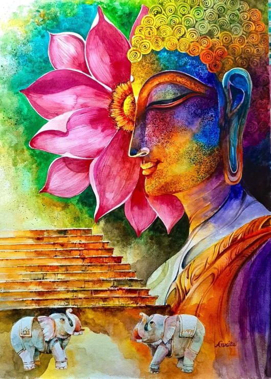 Buddha (ART-8538-118959) - Handpainted Art Painting - 22in X 30in