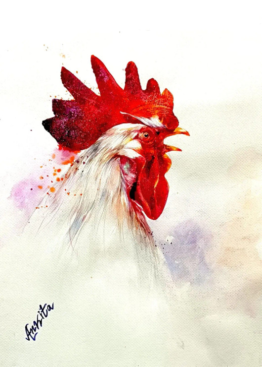 Red Crested Rooster (ART-8538-118960) - Handpainted Art Painting - 16in X 23in