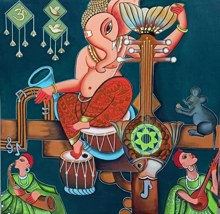 Lord Ganesha Painting (ART-6706-118978) - Handpainted Art Painting - 36in X 36in