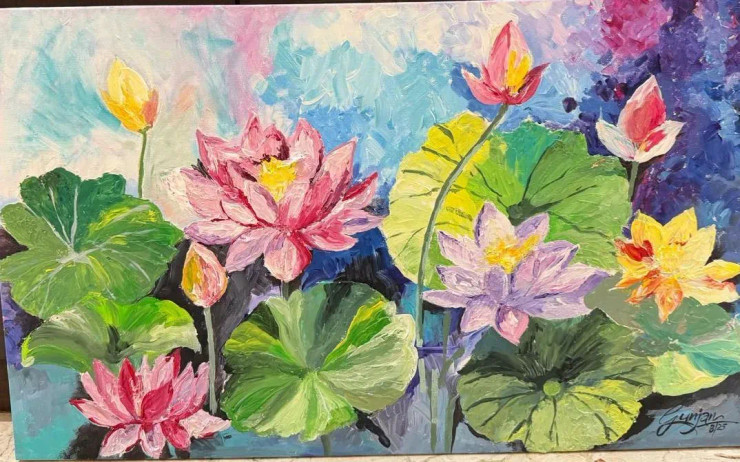 Blooming Lotus (ART-17954-118950) - Handpainted Art Painting - 24in X 18in