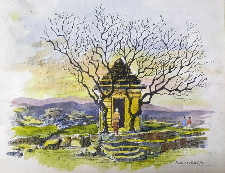 Hemakuta Temple (ART-662-119166) - Handpainted Art Painting - 13in X 10in