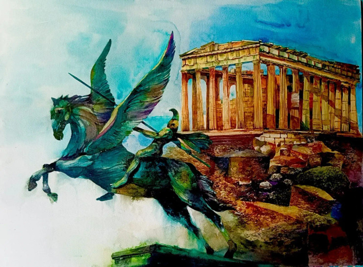 The Story Of Athens Parthenon (ART-8538-119239) - Handpainted Art Painting - 30in X 22in