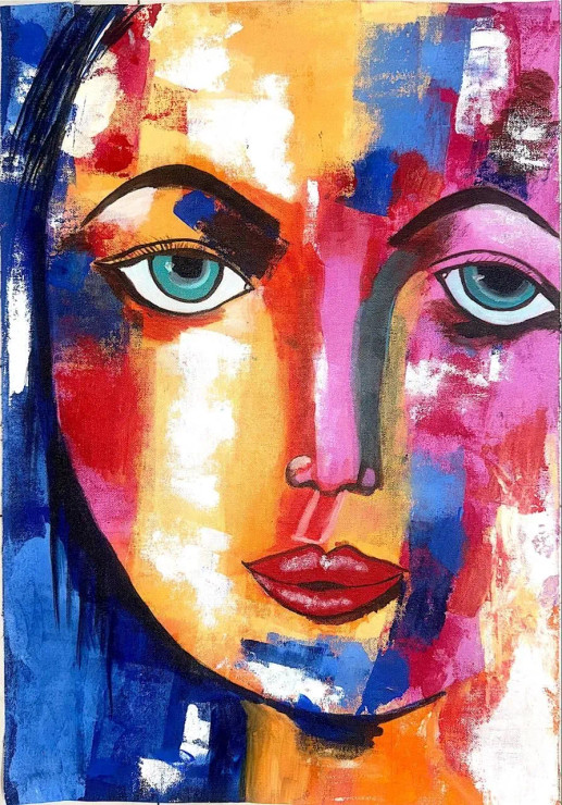 Abstract Blue Eyed Girl (ART-17980-119233) - Handpainted Art Painting - 17in X 24in