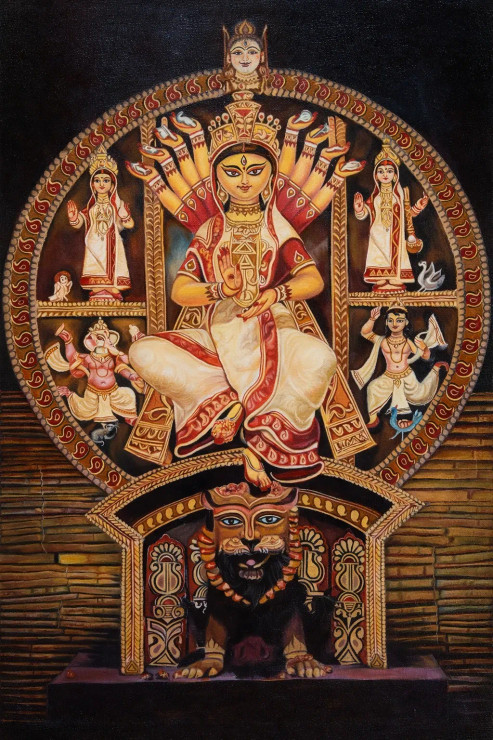Godess Durga And Her Devine Family (ART-18033-119335) - Handpainted Art Painting - 20in X 24in