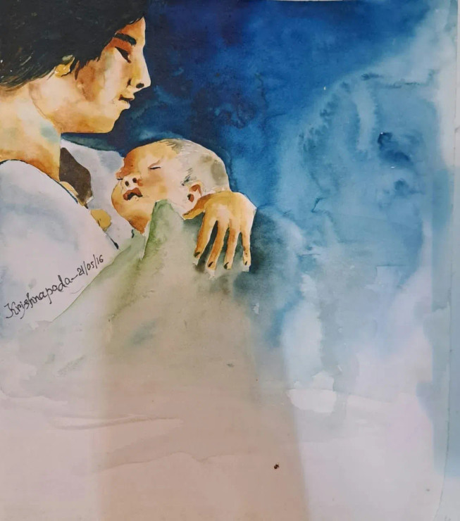 Mother Love (ART-18009-119193) - Handpainted Art Painting - 11in X 14in