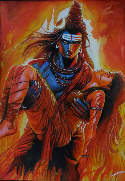 Shiva – The Eternal Embrace (ART-18115-119324) - Handpainted Art Painting - 8in X 12in