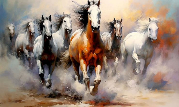 7 Running Horses Vastu Wall Art Rolled Print For Living Room | Without Frame (PRT-16121-119327) - Canvas Art Print - 48in X 29in