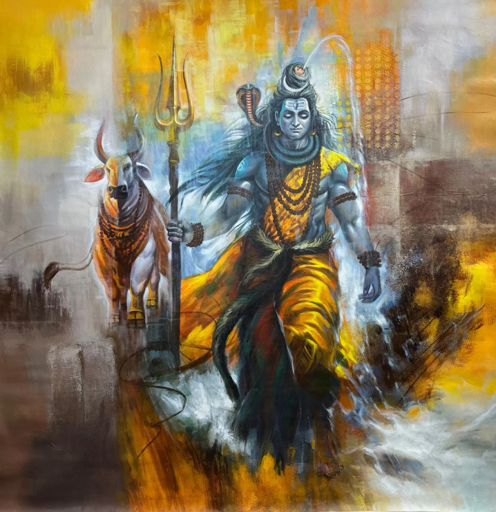 Shiva With Nandi (ART-1522-119383) - Handpainted Art Painting - 72in X 72in