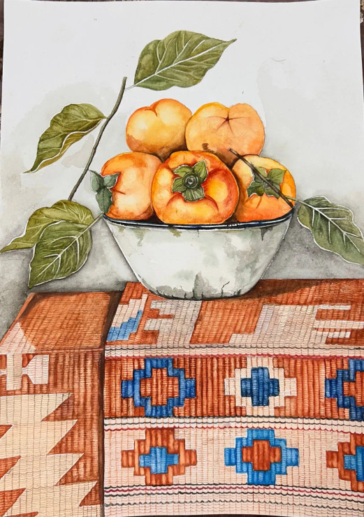 Still Life-bowl Of Fruits On A Colorful Mat (ART-8171-119370) - Handpainted Art Painting - 11in X 16in