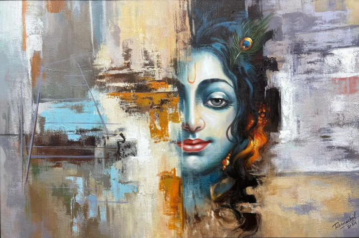 Abstract Art With Krishna (ART-1522-119382) - Handpainted Art Painting - 60in X 36in