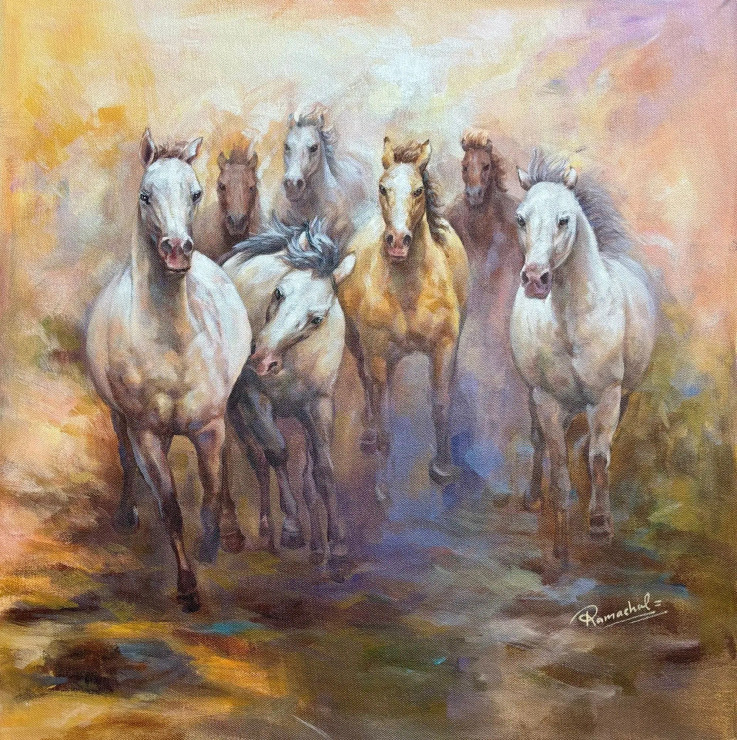 7 Running Horses (ART-1522-119384) - Handpainted Art Painting - 48in X 48in