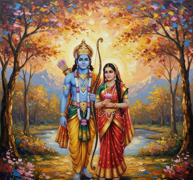 Lord Rama And Sita In The Enchanted Forest (ART-3319-119410) - Handpainted Art Painting - 40in X 36in