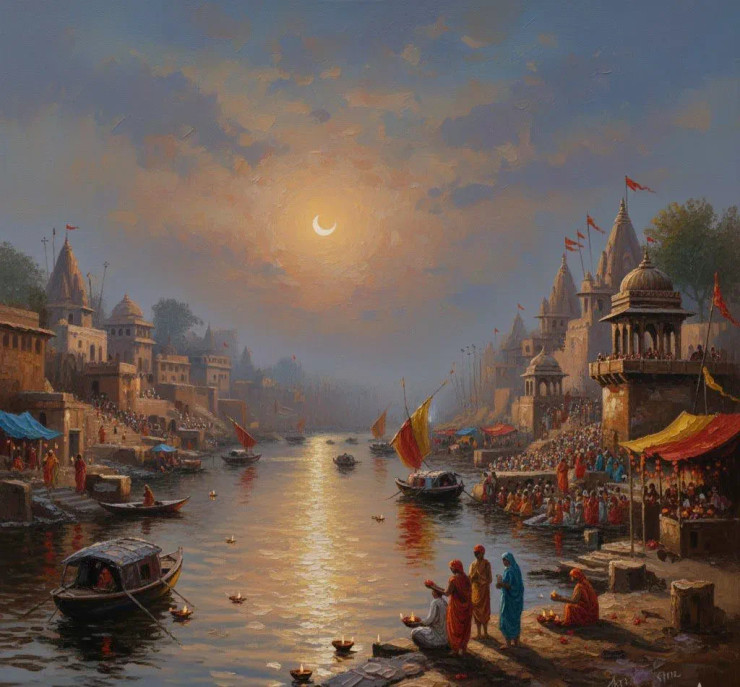 Benaras Ghat Painting (ART-3319-119409) - Handpainted Art Painting - 36in X 36in