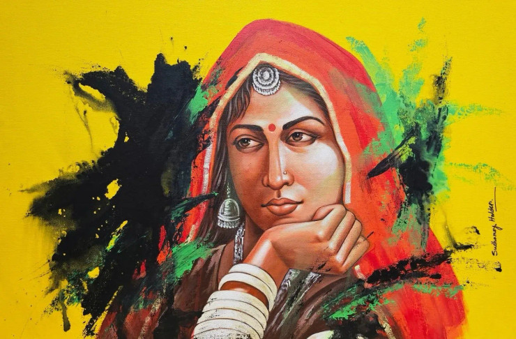 Grace In Thought – Contemporary Indian Woman Portrait (ART-6730-119506) - Handpainted Art Painting - 30in X 20in