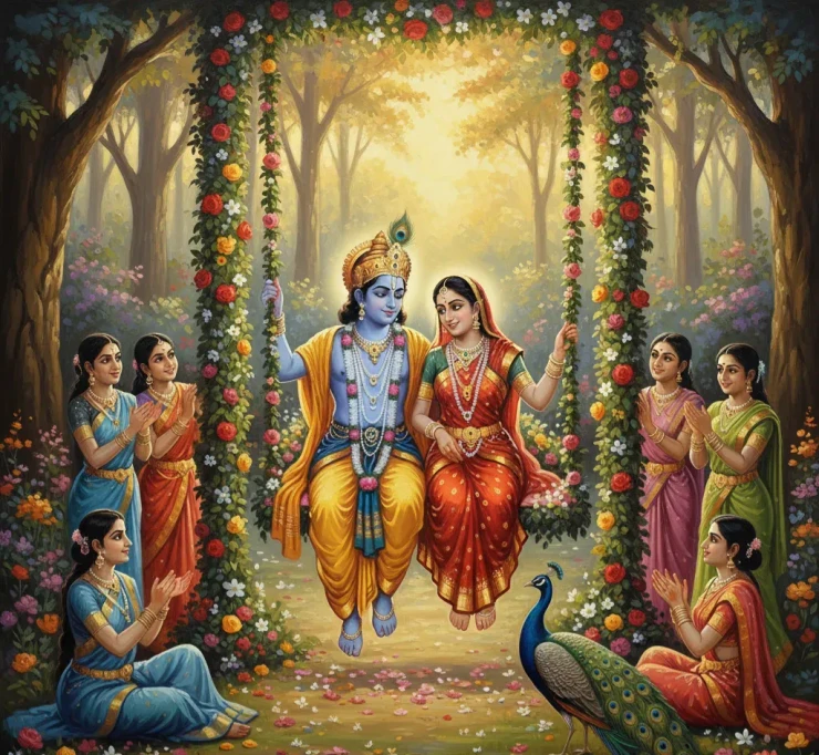 Radha Krishna On Swing Painting – Divine Vrindavan Love Wall Art Canvas (ART-3319-119514) - Handpainted Art Painting - 48in X 48in