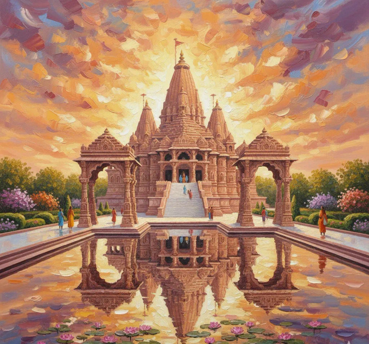 Ram Lalla Mandir - Spiritual Wall Art" (ART-3319-119444) - Handpainted Art Painting - 36in X 36in