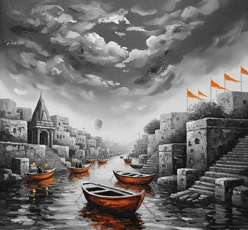 Banaras Ghat Painting (ART-3319-119459) - Handpainted Art Painting - 24in X 24in