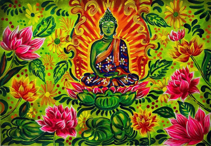 The Enlightened Buddha In Blooming Lotuses (ART-7381-119469) - Handpainted Art Painting - 25in X 17in