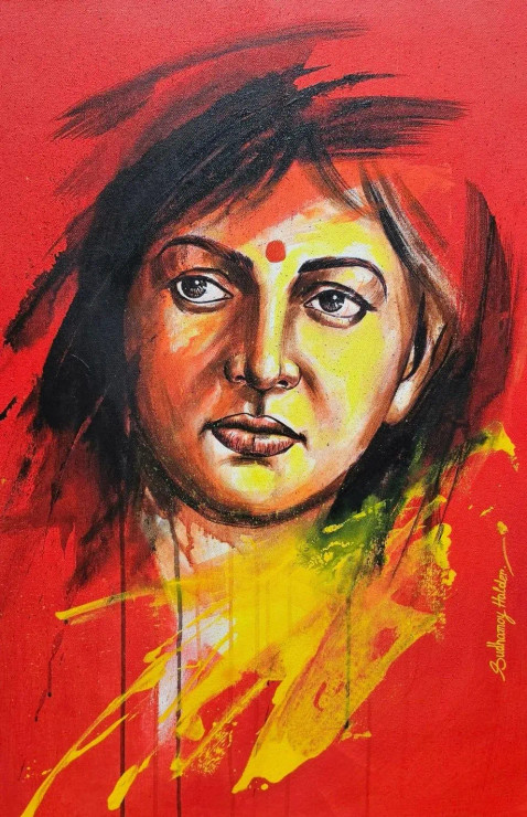Inner Fire – Contemporary Indian Woman Portrait (ART-6730-119504) - Handpainted Art Painting - 20in X 30in