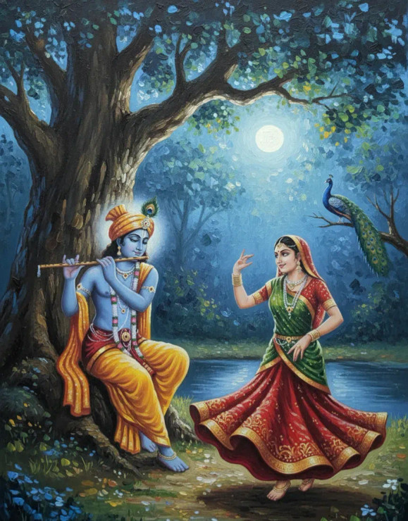 The Divine Radha Krishna (ART-3319-119408) - Handpainted Art Painting - 30in X 36in