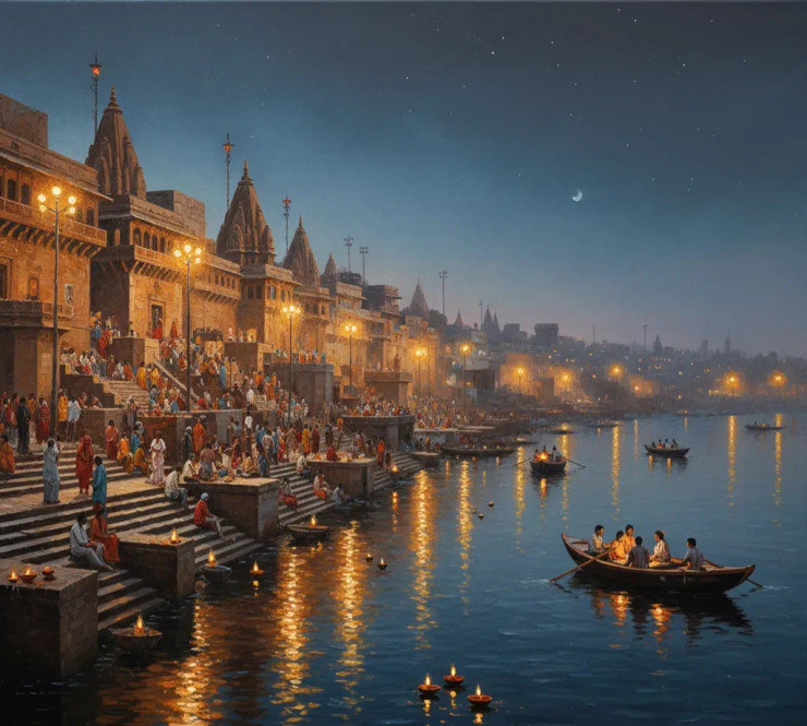 Banaras Ghat Painting (ART-3319-119473) - Handpainted Art Painting - 36in X 36in