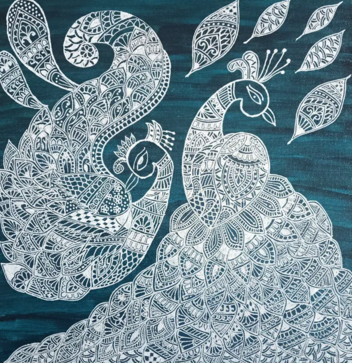 “Whispers Of The Peacock’s Grace” (ART-18077-119351) - Handpainted Art Painting - 12in X 12in