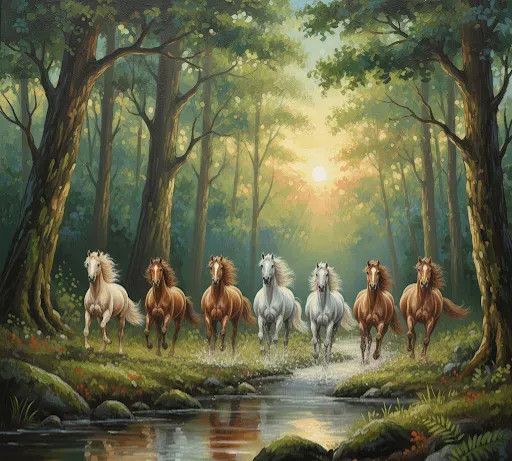 7 RUNNING HORSES AS PER VASTU PAINTING (ART-3319-119484) - Handpainted Art Painting - 36in X 30in