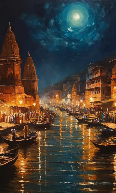 Banaras Ghat Painting (ART-3319-119439) - Handpainted Art Painting - 24in X 36in